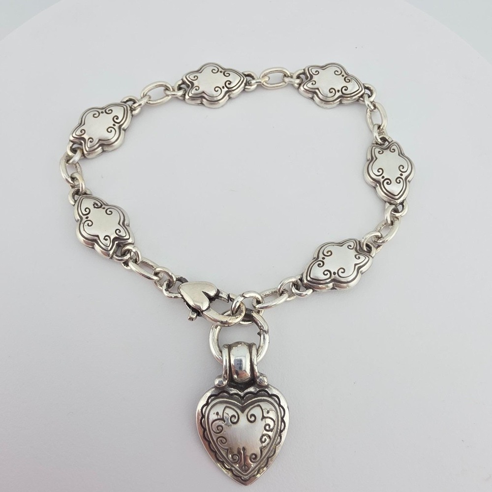 BRIGHTON 'Blaire' Bracelet Puffy Heart Reversible Scrollwork Silver Plate 7.5"